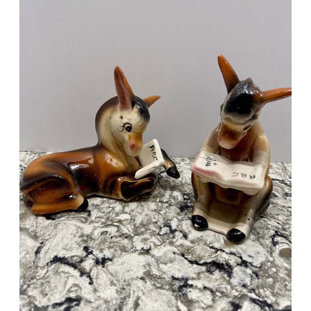 VTG Ceramic Donkey Pair Reading Books Figures MCM Mid Century  Handmade